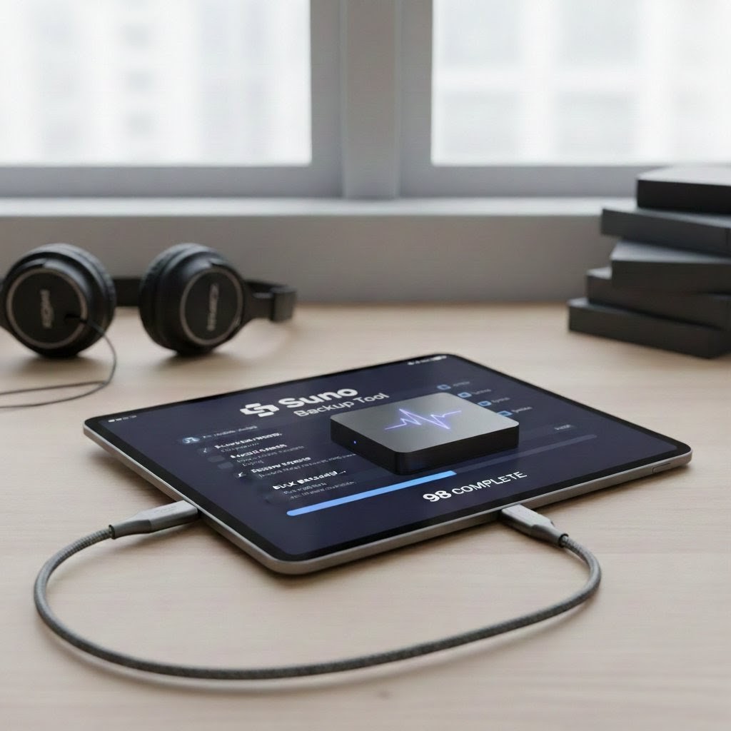 Suno Backup Tool visualizing secure transfer to external drive on a tablet screen